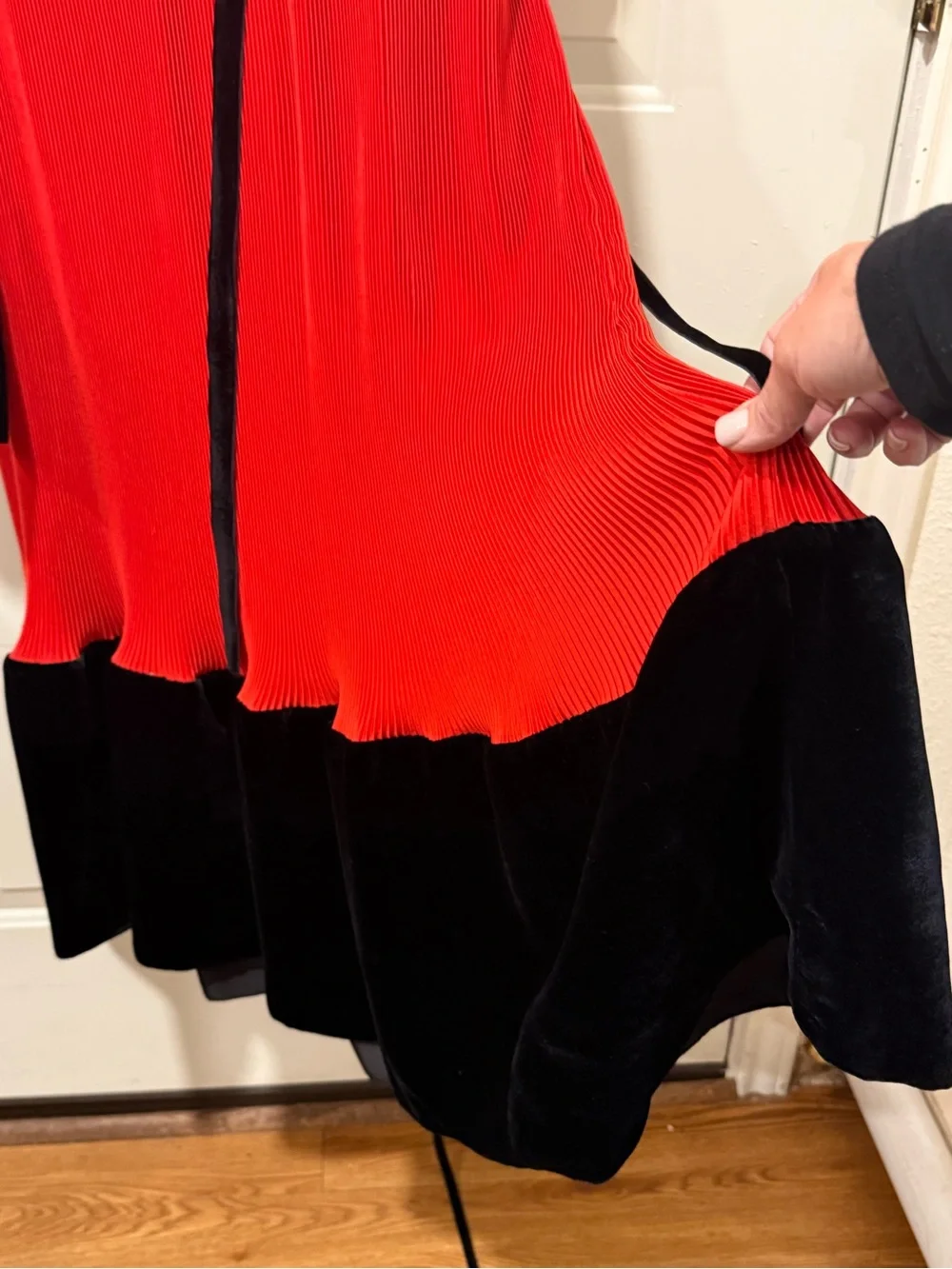 Tory Burch Red and Black Long Sleeve Pleated Ruffle Midi Dress